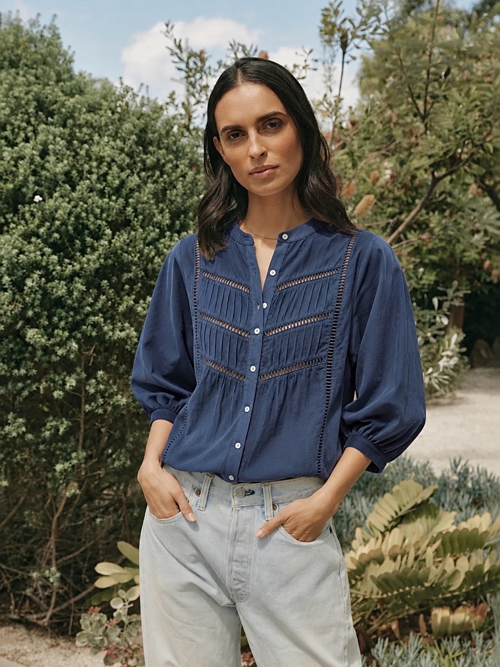 NWT Maye Paloma Cotton Button-Up Pintuck Shirt in French Navy | Size XS (US 2-4)